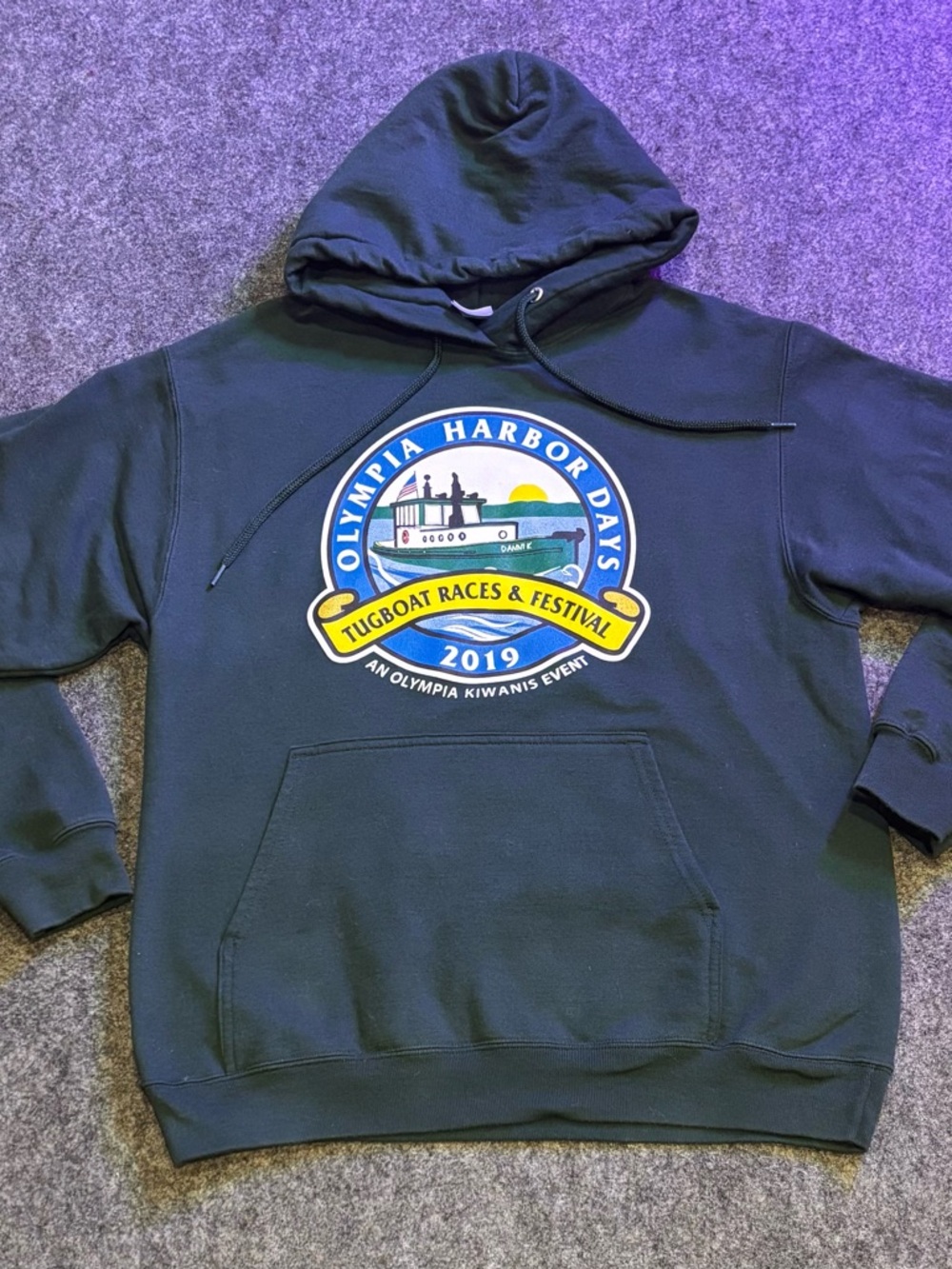 Port and Company Green Hooded Sweatshirt with Colorful Tugboat Graphic Size M